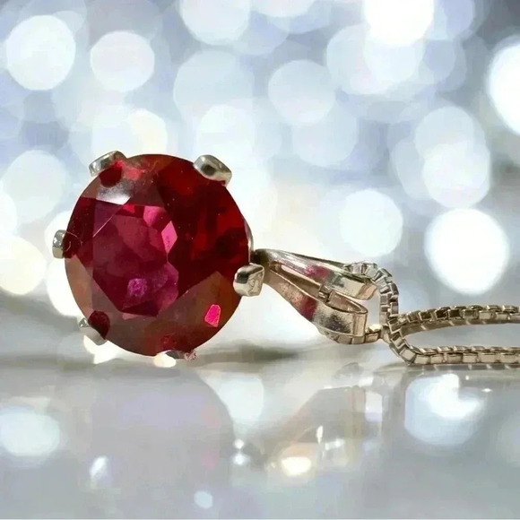 Vintage Estate Ruby Solitaire Sterling Silver Necklace Pendant - Picture 4 of 7